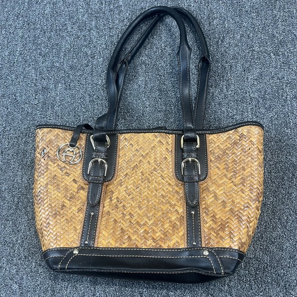 Etienne Aigner Vintage Boho Woven Straw Leather Trim Tote Bag Brown Black Medium — photo 2